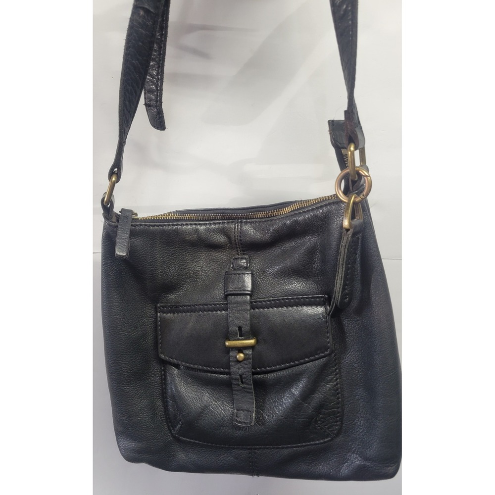 Vtg Lucky Brand Black‎ Leather Crossbody Messenger Bag Flap Buckle Pocket